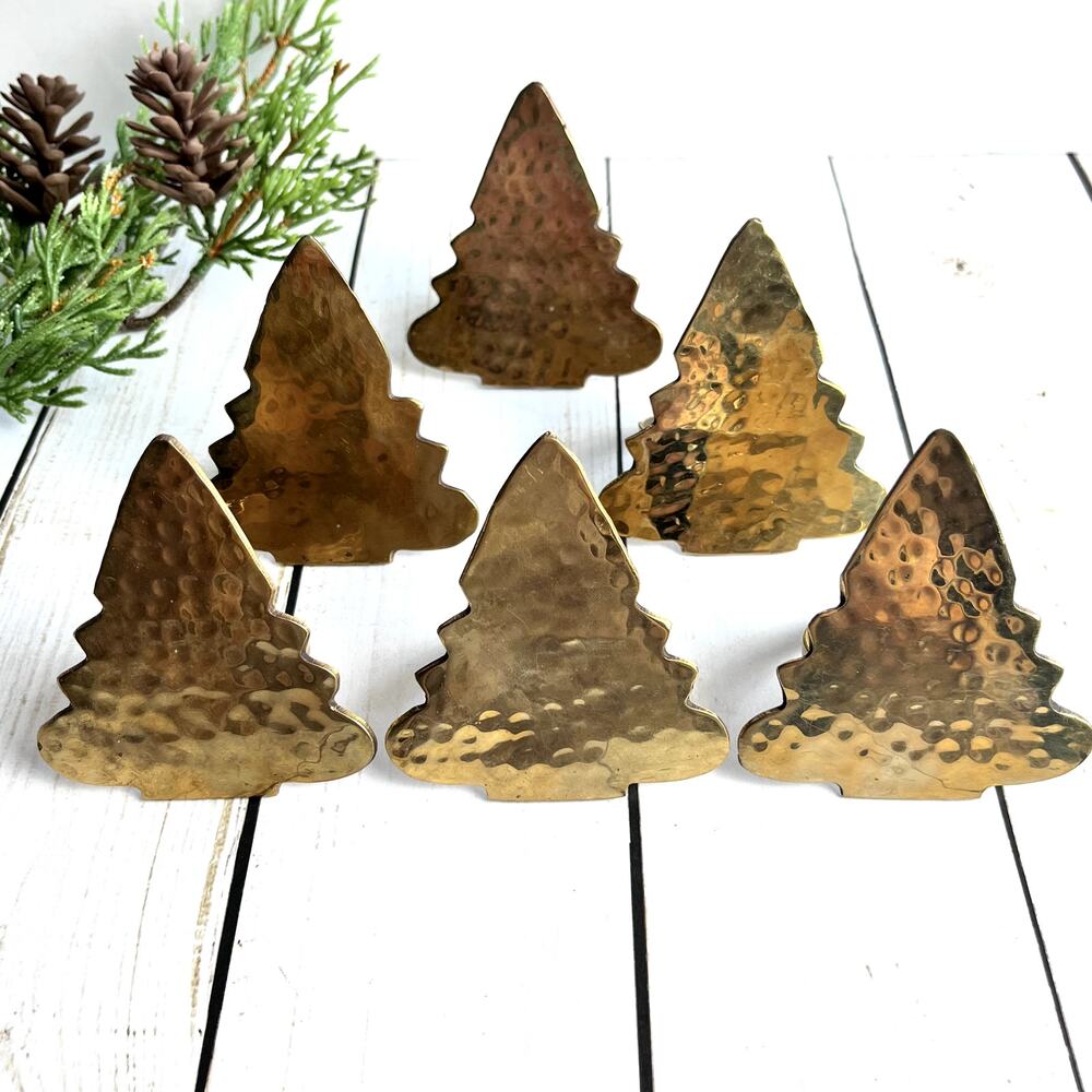 Set of 6 Vintage Hammered Brass Pine Tree Christmas Napkin Rings 3.25" Long 90s